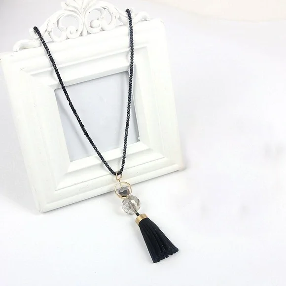 Chic Clear Sphere Long Black and Gold Tassel Necklace - Picture 3 of 11